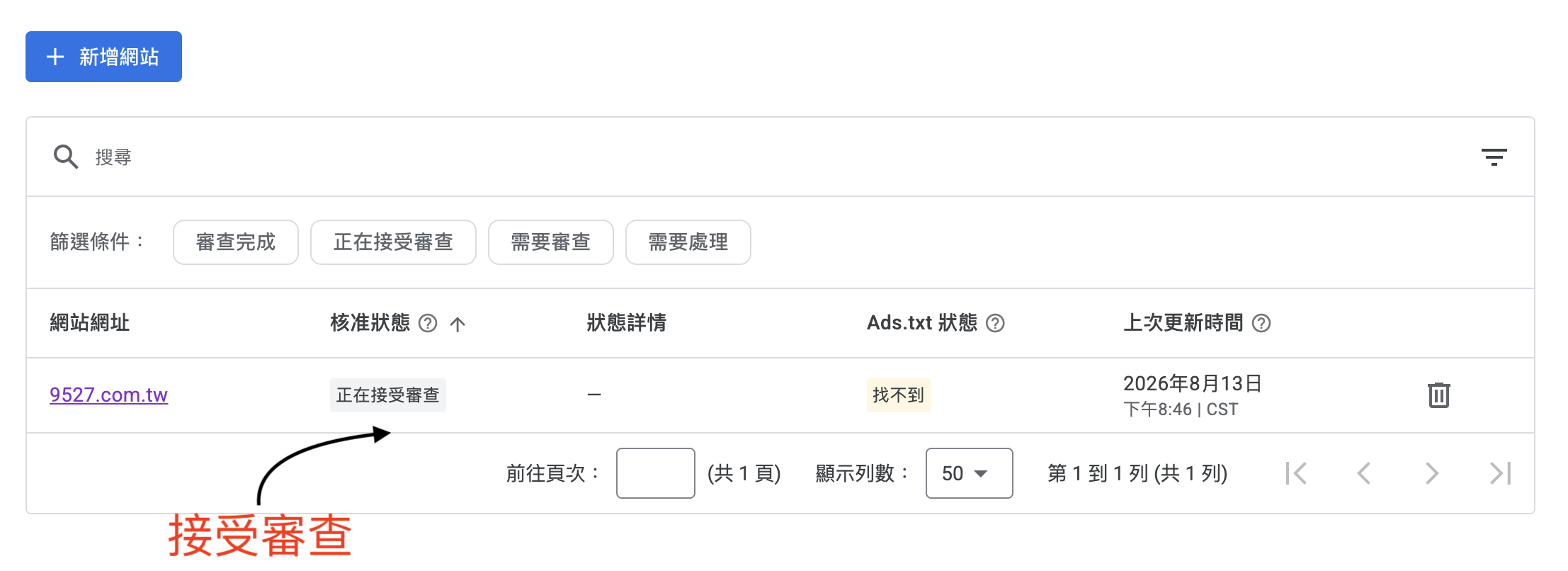網站列表顯示 9527.com.tw 的核准狀態已變成「正在接受審查」