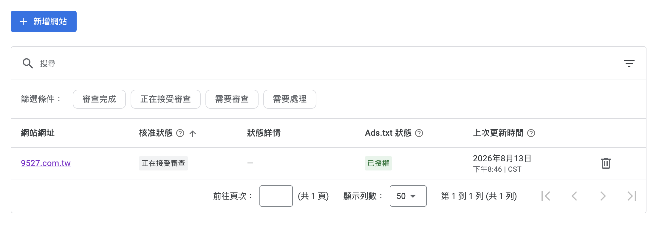 網站列表:9527.com.tw 的 Ads.txt 狀態已變成綠色的「已授權」,核准狀態仍是「正在接受審查」