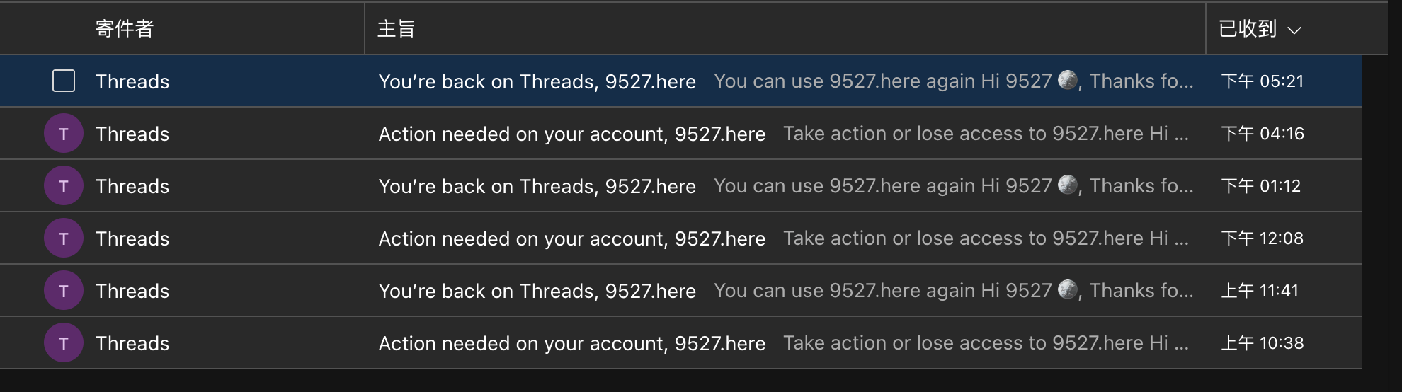 Threads 寄來的信件列表:Action needed、You’re back、Action needed、You’re back 交替出現