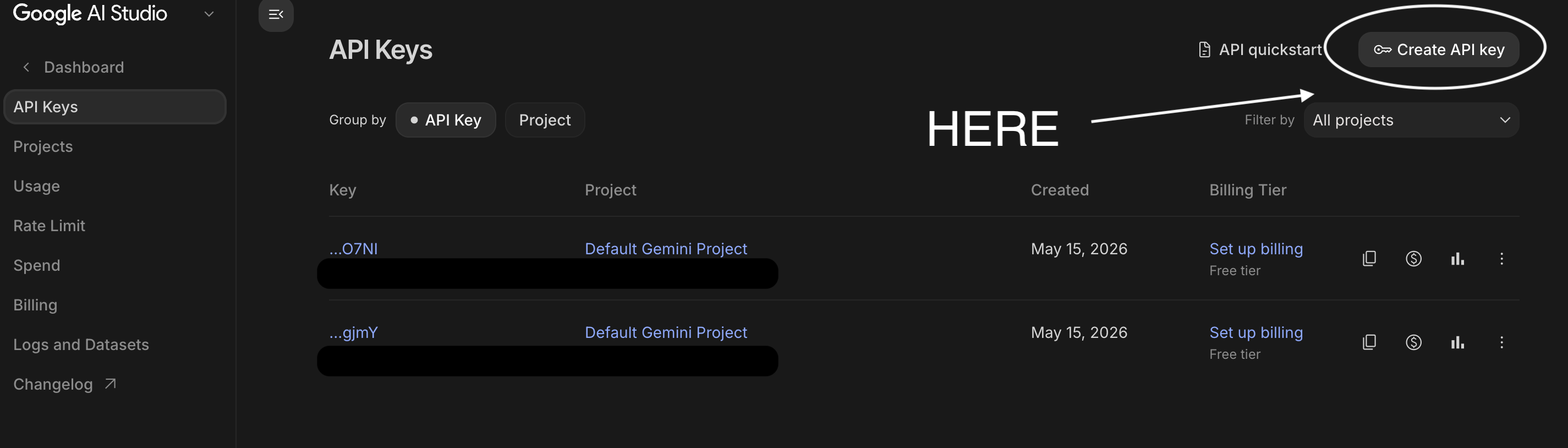 Google AI Studio 的 API Keys 頁面,右上角有 Create API key 按鈕