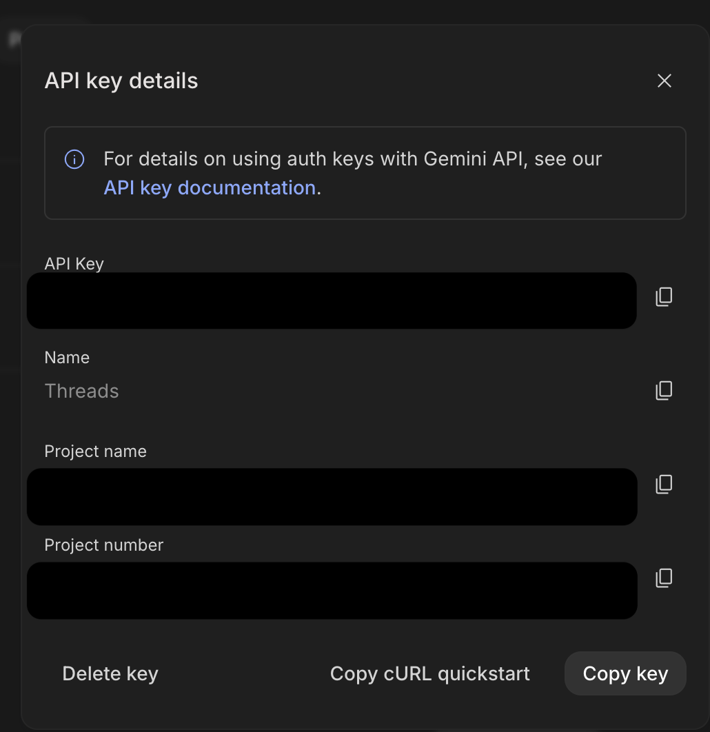 API key details 視窗,右下角有 Copy key 按鈕